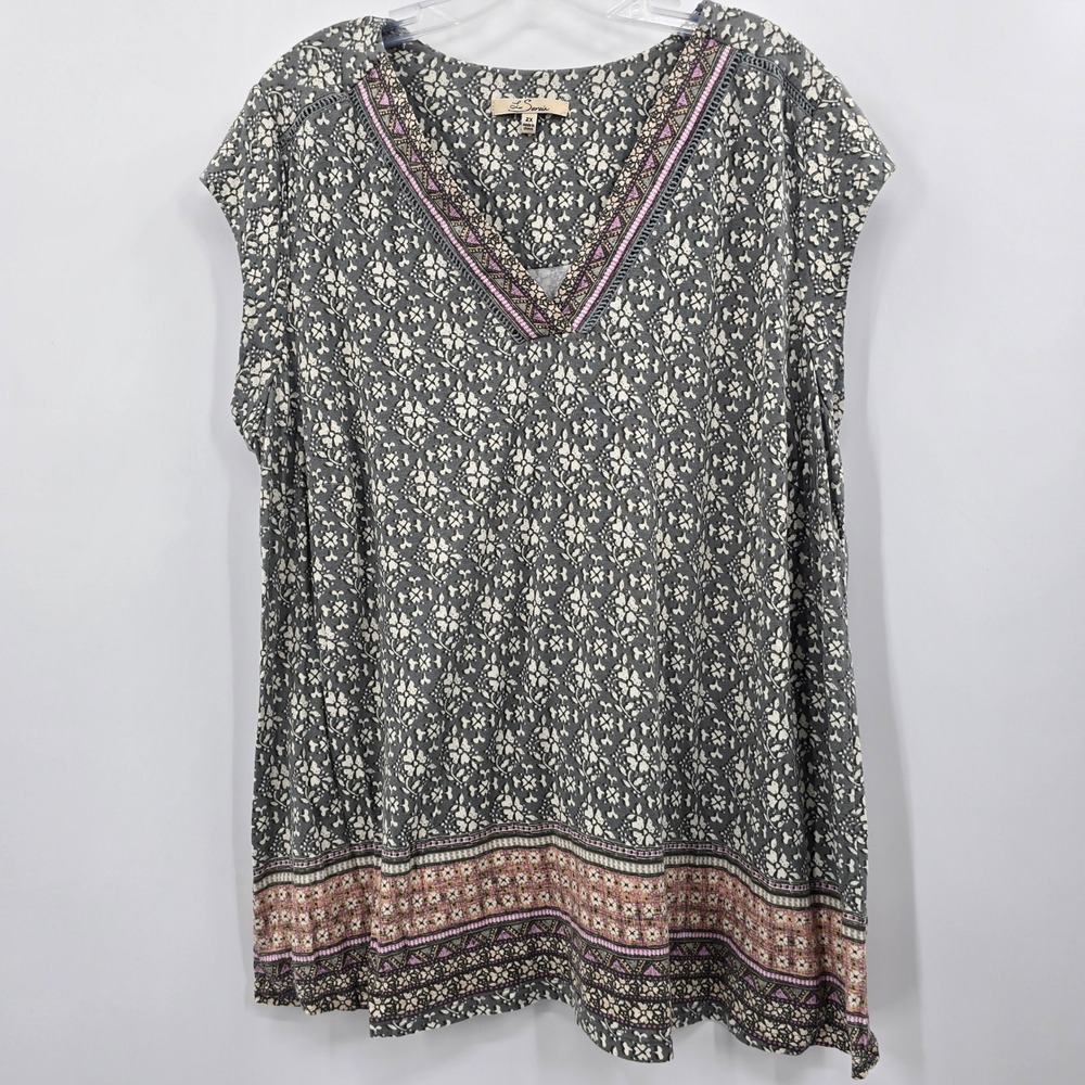 Les Serein Top Womens 2X Floral V-Neck Blouse Gray Pink Border Print Blouse Tank